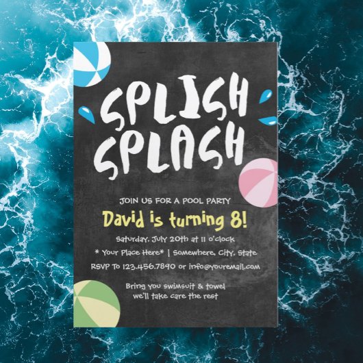 Splish Splash Pool Party Chalkboard Birthday Kaart