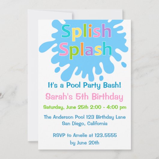 Splish Splash Pool Party Girl Birthday Invitation Kaart (Voorkant)