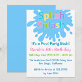Splish Splash Pool Party Girl Birthday Invitation Kaart (Voorkant / Achterkant)