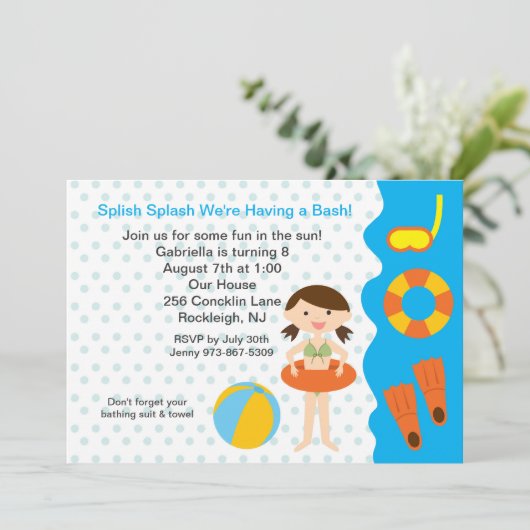 Splish Splash Pool Party Girls Birthday Invitation Kaart (Staand voorkant)