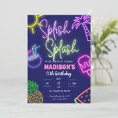 Splish Splash Pool Party Glow Neon Verjaardag Kaart (Staand voorkant)