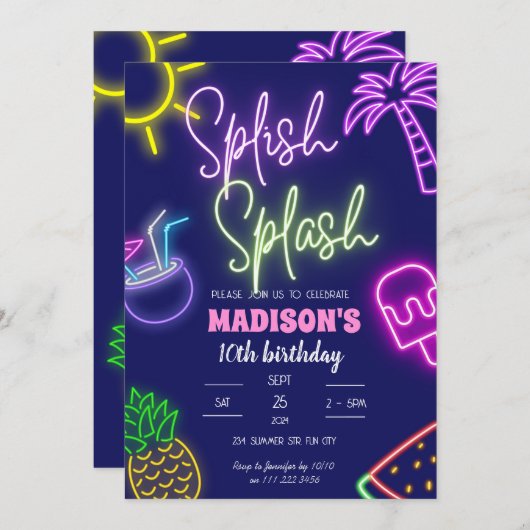 Splish Splash Pool Party Glow Neon Verjaardag Kaart (Voorkant / Achterkant)