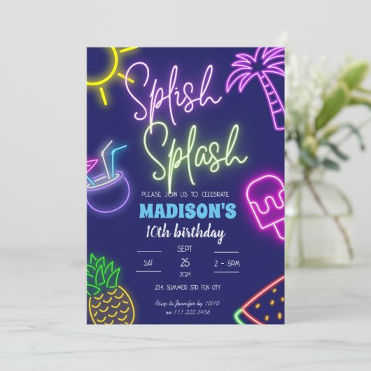 Splish Splash Pool Party Glow Neon Verjaardag Kaart (Staand voorkant)