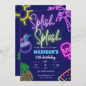 Splish Splash Pool Party Glow Neon Verjaardag Kaart (Voorkant / Achterkant)