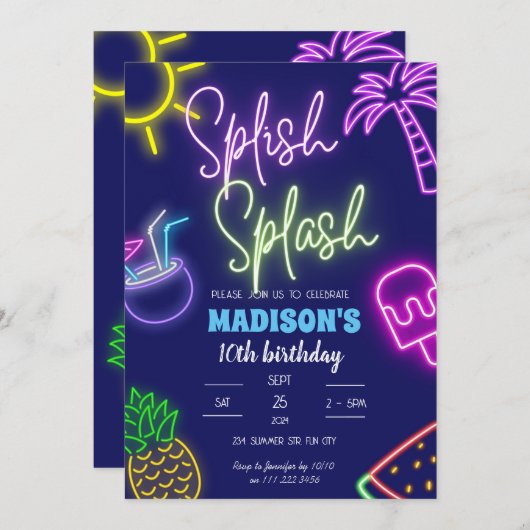Splish Splash Pool Party Glow Neon Verjaardag Kaart (Voorkant / Achterkant)
