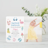 Splish Splash Pool Party Meisje Foto Verjaardag Kaart (Staand voorkant)