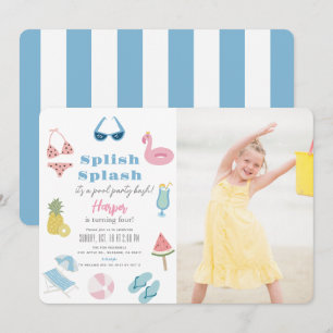 Splish Splash Pool Party Meisje Foto Verjaardag Kaart