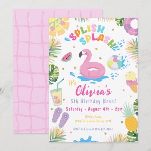 Splish Splash Pool Party Zomer Water Verjaardag Kaart (Voorkant / Achterkant)