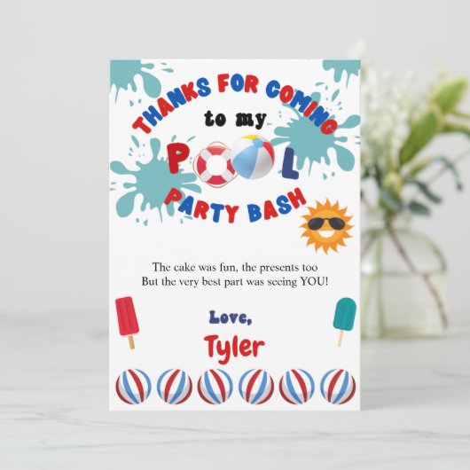 Splish Splash Pool Verjaardagsfeestje Dank je kaar Bedankkaart (Staand voorkant)