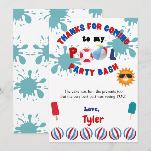 Splish Splash Pool Verjaardagsfeestje Dank je kaar Bedankkaart (Voorkant / Achterkant)