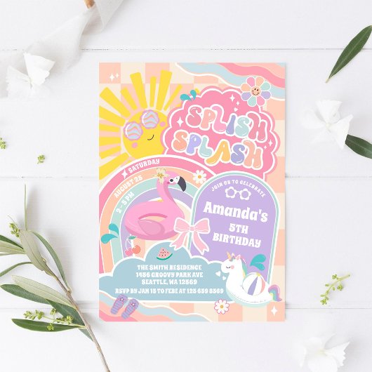 Splish Splash Retro Groovy Daisy Birthday Invitati Kaart