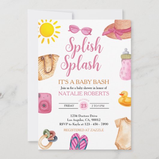 Splish Splash Roze Strand Zomer Meisje Baby shower Kaart (Voorkant)