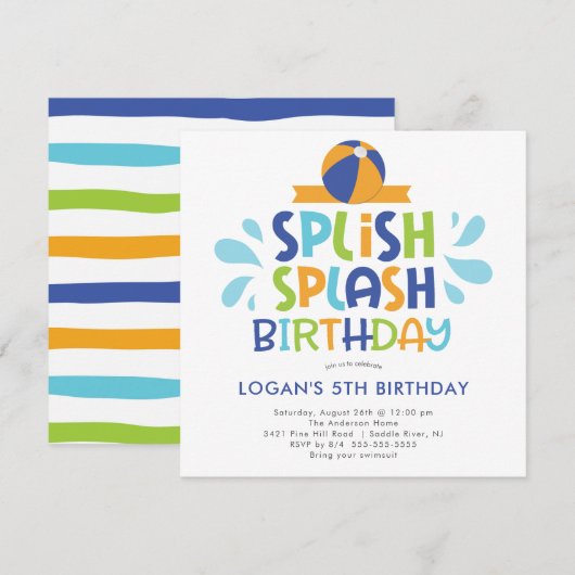 Splish Splash Summer Pool Birthday Invitation Kaart (Voorkant / Achterkant)
