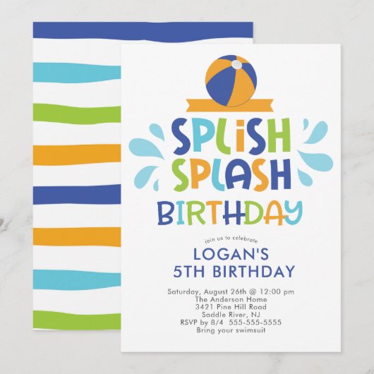 Splish Splash Summer Pool Birthday Invitation Kaart (Voorkant / Achterkant)
