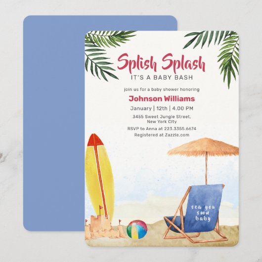 Splish Splash Surfboard Beach Boy Baby Shower Kaart (Voorkant / Achterkant)