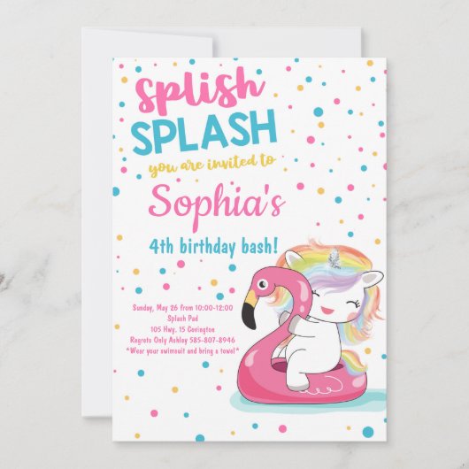 Splish Splash Unicorn Bash Pool Girl Birthday Kaart (Voorkant)