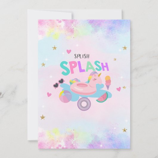 Splish splash unicorn poolparty estivals op uitnod kaart (Achterkant)