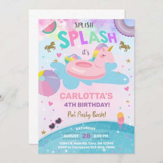 Splish splash unicorn poolparty estivals op uitnod kaart (Voorkant / Achterkant)