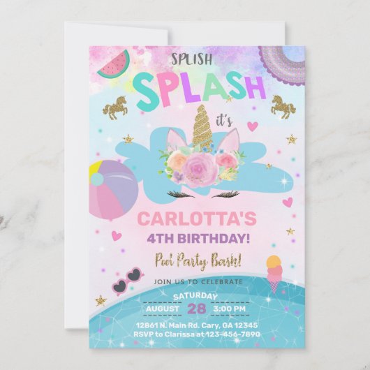 Splish splash unicorn poolparty estivals op uitnod kaart (Voorkant)