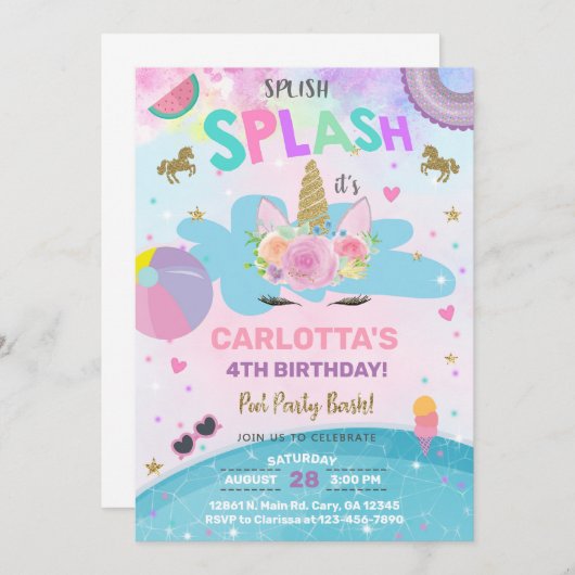 Splish splash unicorn poolparty estivals op uitnod kaart (Voorkant / Achterkant)