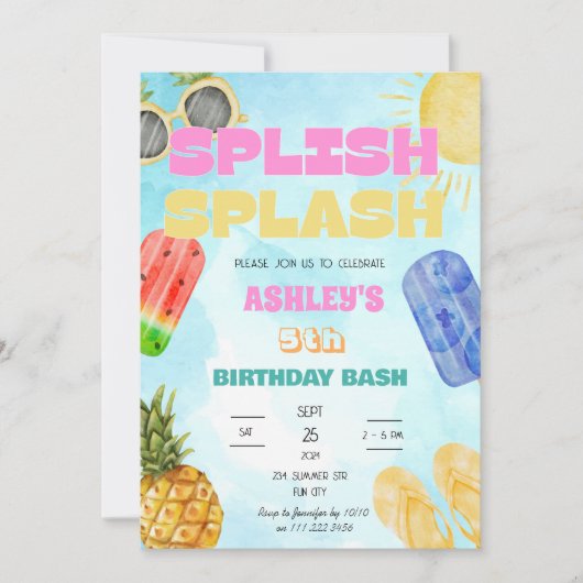 splish splash verjaardag bash meisje zwembad party kaart (Voorkant)