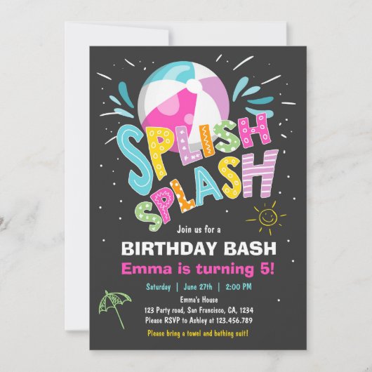 splish splash verjaardag bash meisje zwembad party kaart (Voorkant)