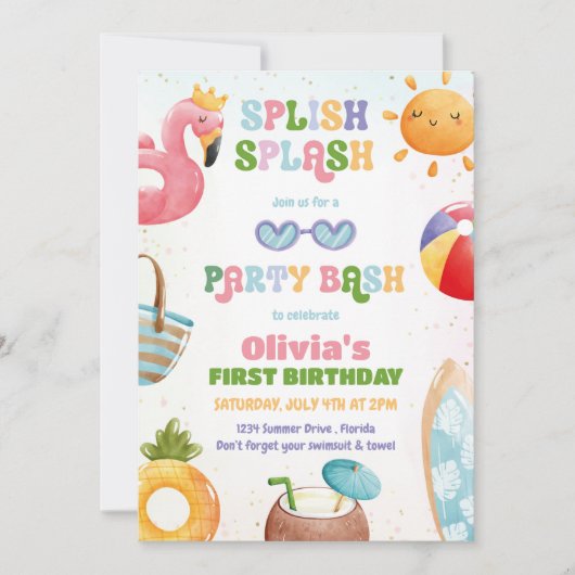 splish splash verjaardag bash meisje zwembad party kaart (Voorkant)