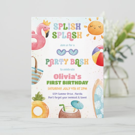 splish splash verjaardag bash meisje zwembad party kaart (Staand voorkant)