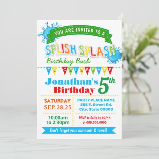 Splish splash verjaardag bash primaire kleuren par kaart (Staand voorkant)
