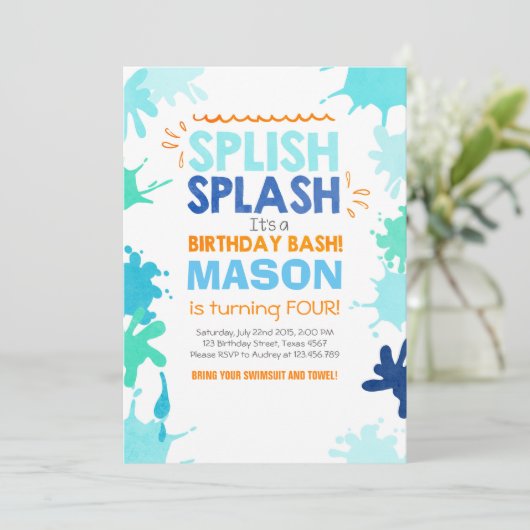 Splish Splash verjaardag uitnodiging Jongen (Staand voorkant)