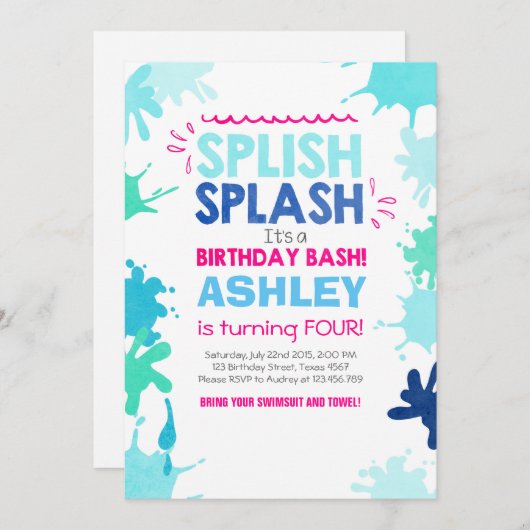 Splish Splash verjaardag uitnodiging Meisje (Voorkant / Achterkant)