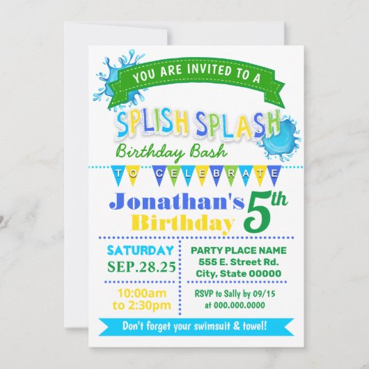 Splish splash verjaardagsfeest blauw groene feest kaart (Voorkant)