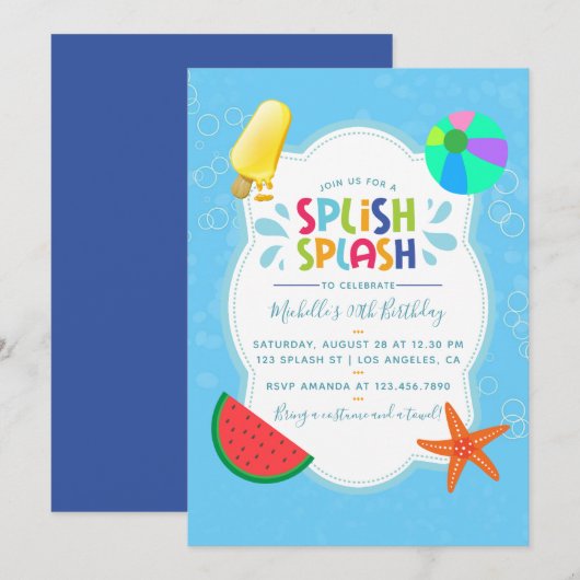 Splish Splash Verjaardagsfeest Uitnodiging (Voorkant / Achterkant)
