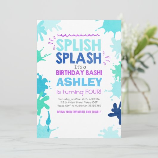 Splish Splash verjaardagsuitnodiging Meisje Pool P Kaart (Staand voorkant)