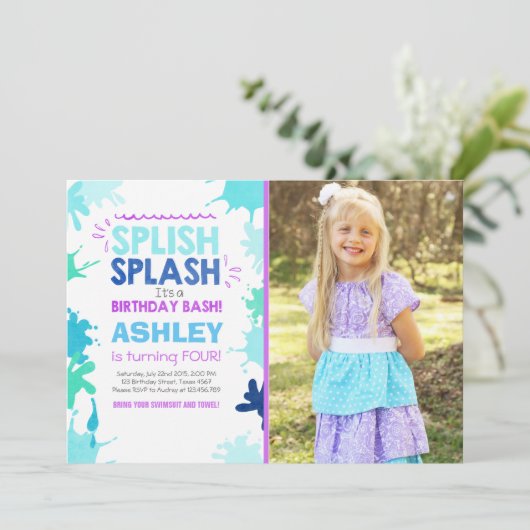 Splish Splash verjaardagsuitnodiging Meisje Pool P Kaart (Staand voorkant)