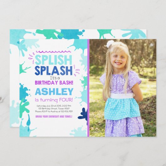 Splish Splash verjaardagsuitnodiging Meisje Pool P Kaart (Voorkant / Achterkant)