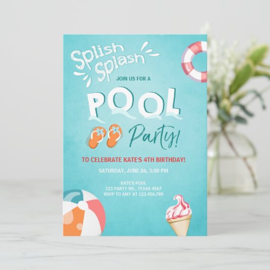 Splish Splash verjaardagsuitnodiging Pool party Kaart (Staand voorkant)