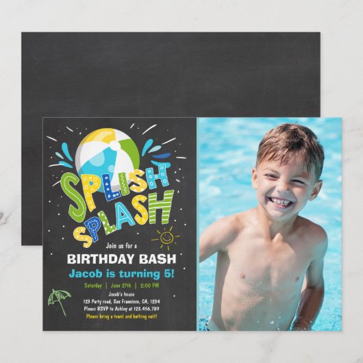 Splish Splash verjaardagsuitnodiging Zwembad feest Kaart (Voorkant / Achterkant)