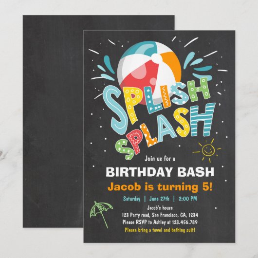 Splish Splash verjaardagsuitnodiging Zwembad feest Kaart (Voorkant / Achterkant)