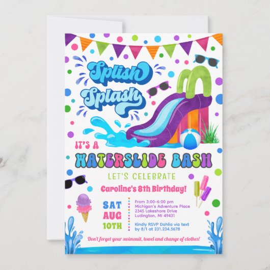 Splish Splash Waterslide Bash Meisje Verjaardag Kaart (Voorkant)