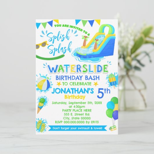 Splish Splash Waterslide Verjaardag Blauw Groen Zw Kaart (Staand voorkant)