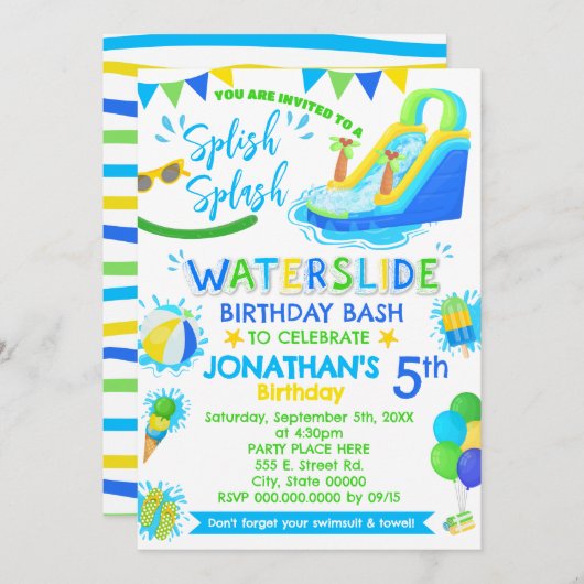 Splish Splash Waterslide Verjaardag Blauw Groen Zw Kaart (Voorkant / Achterkant)