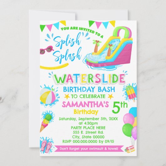 Splish Splash Waterslide Verjaardag Pink Pool Part Kaart (Voorkant)