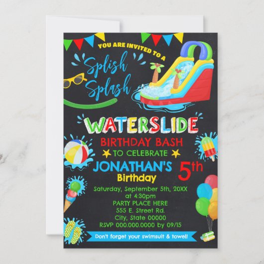 Splish Splash Waterslide Verjaardag Primaire kleur Kaart (Voorkant)