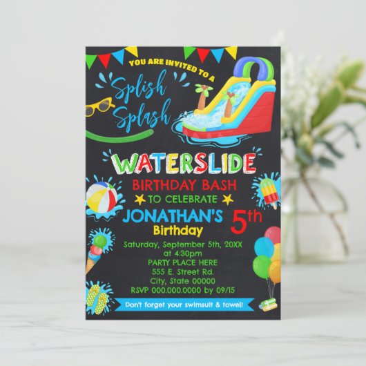 Splish Splash Waterslide Verjaardag Primaire kleur Kaart (Staand voorkant)