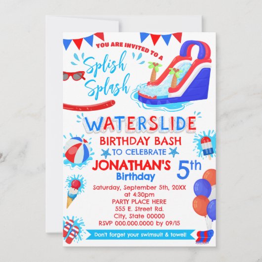 Splish Splash Waterslide Verjaardag Rood Wit Blauw Kaart (Voorkant)