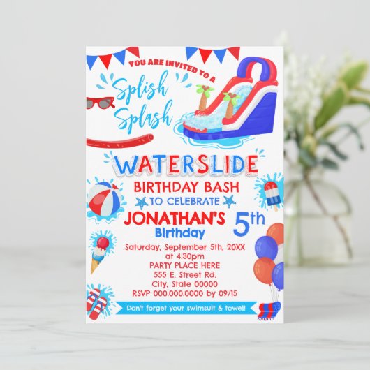 Splish Splash Waterslide Verjaardag Rood Wit Blauw Kaart (Staand voorkant)