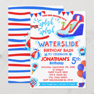 Splish Splash Waterslide Verjaardag Rood Wit Blauw Kaart