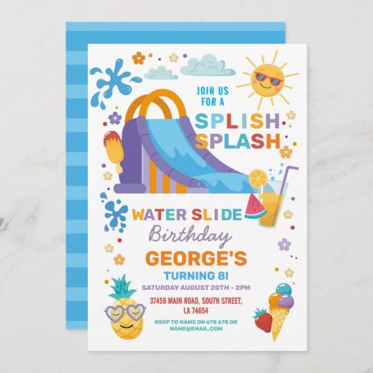 Splish Splash Waterslide Verjaardagsfeestje Zon Kaart (Voorkant / Achterkant)