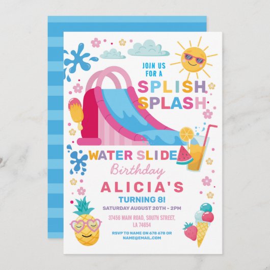 Splish Splash Waterslide Verjaardagsfeestje Zon Kaart (Voorkant / Achterkant)